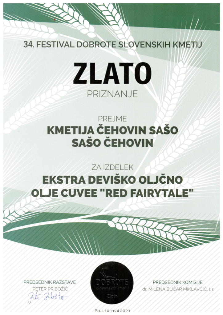 Priznanje Festival Slovenske Kmetije_ 2023_ olje cuvee